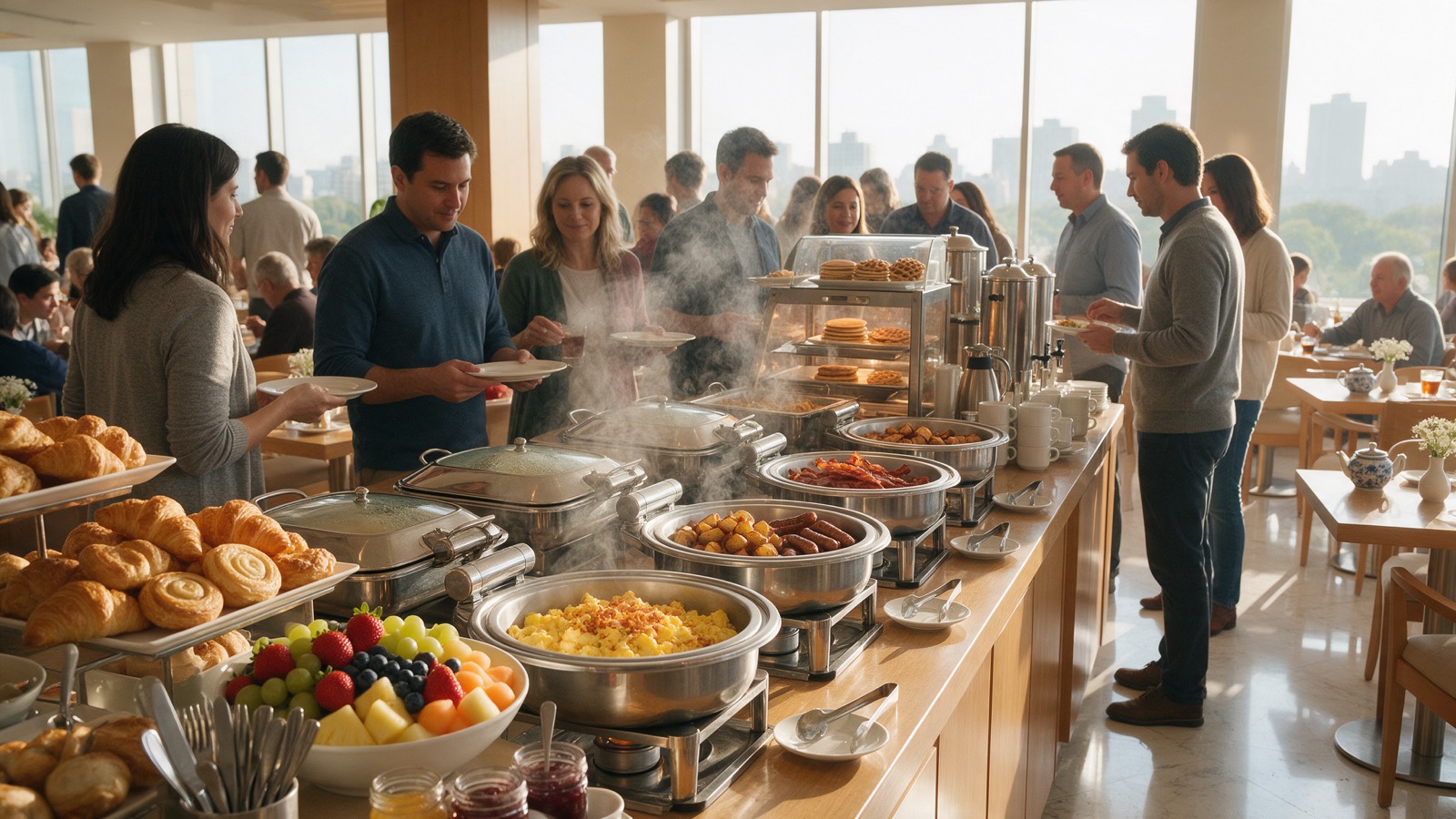 Guests queueing at a hotel breakfast buffet at peak service, steam rising from the chafing dishes.
