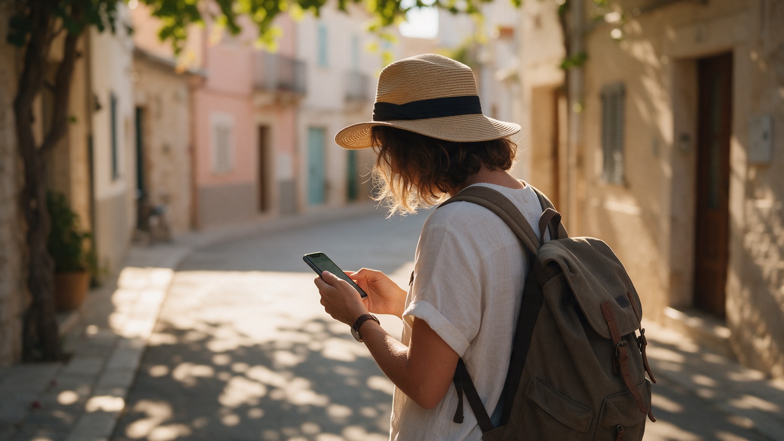 A traveller standing on a street in the early evening, looking at a phone.