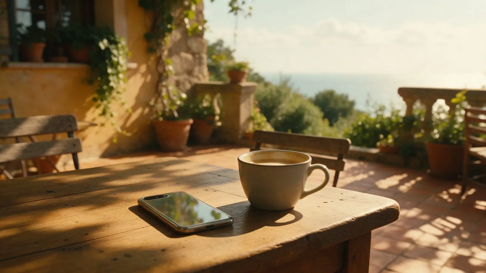 A coffee cup and a face-down phone on a sunlit terrace table.