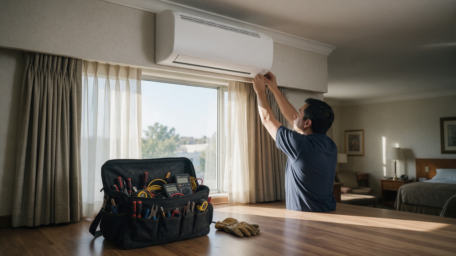 An engineer reaching up to a wall-mounted air conditioning unit in a hotel room, toolbag open below.