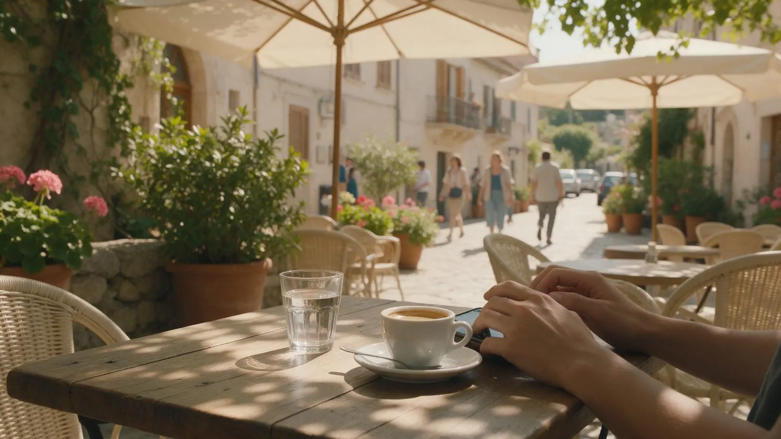 Someone typing on a phone at an outdoor cafe table in dappled sunlight.