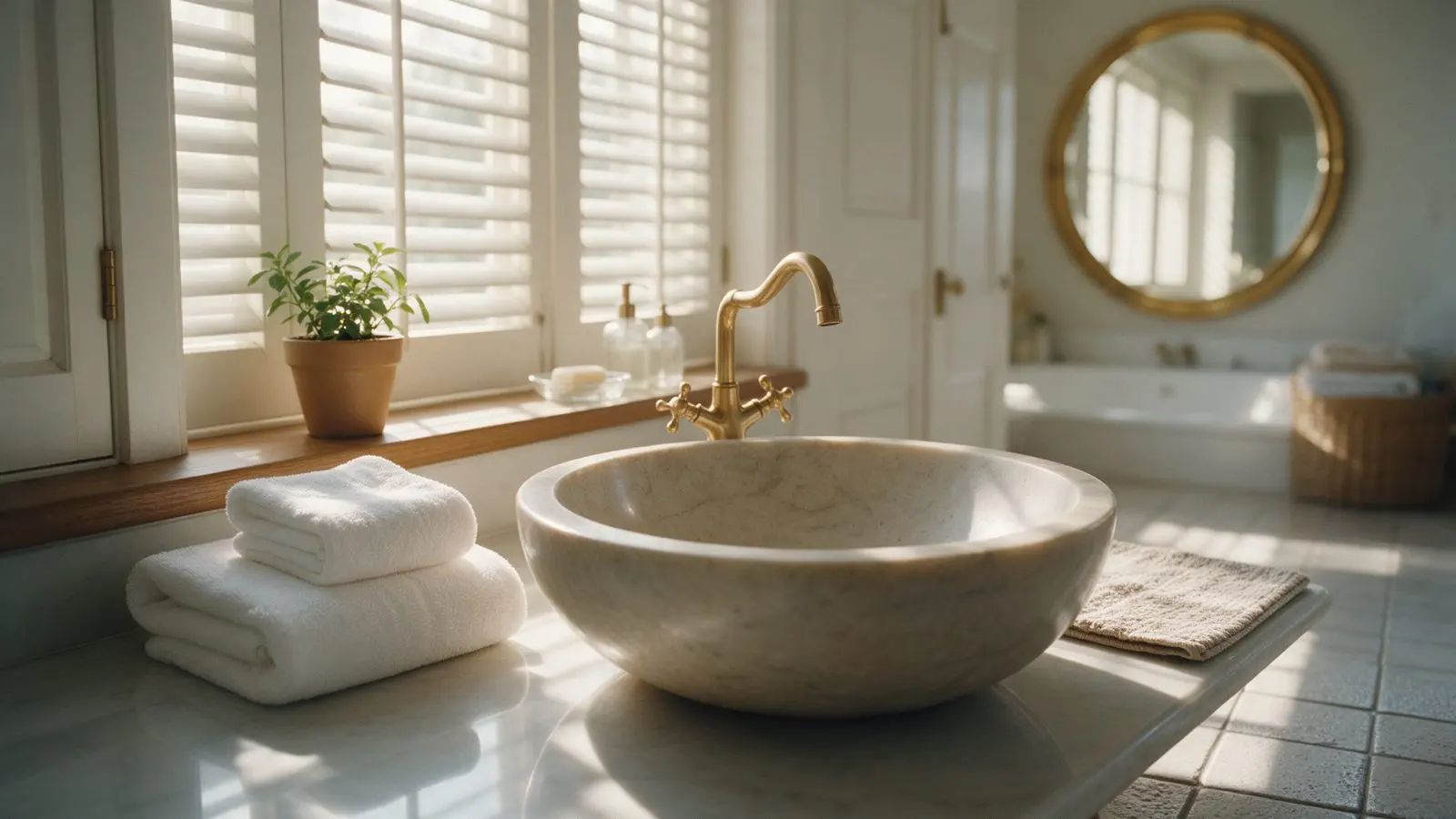 Folded white towels beside a stone basin in a hotel bathroom.
