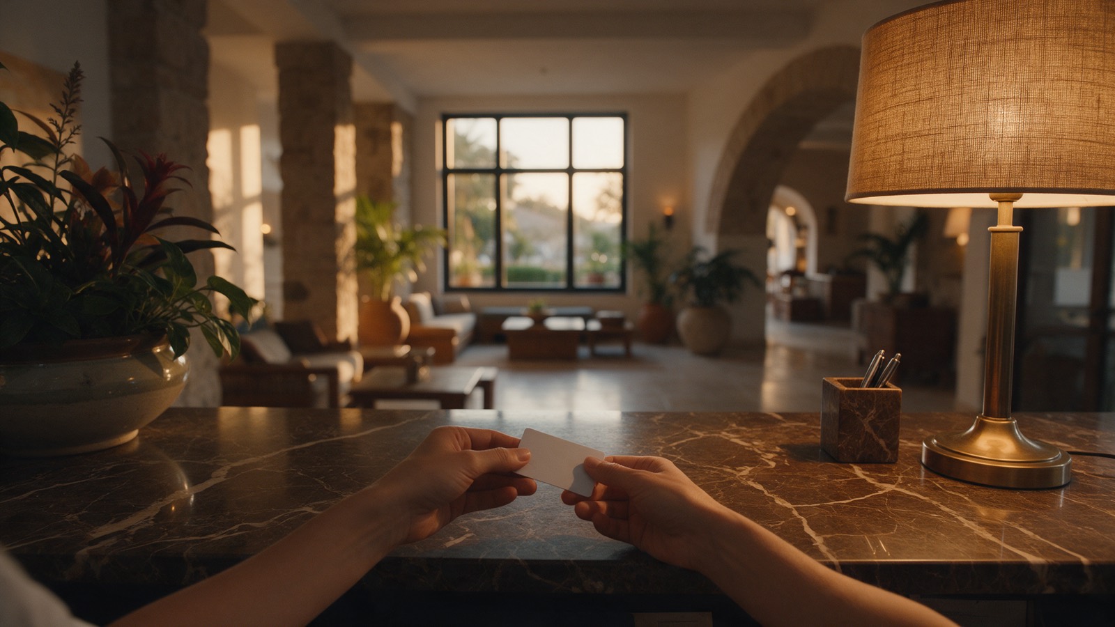 A receptionist passing a key card across a hotel desk.