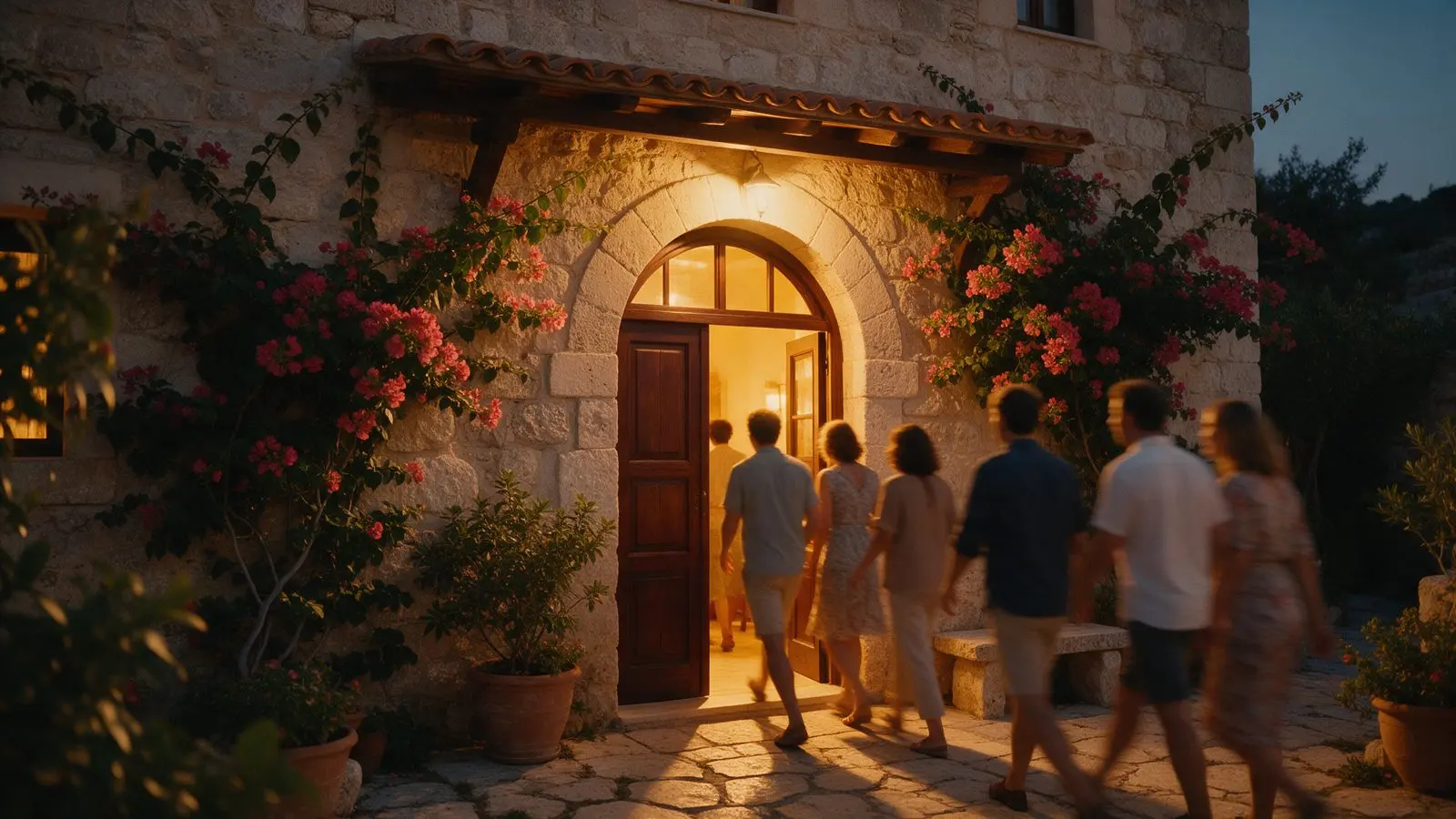 Guests walking into a lit hotel entrance at dusk.