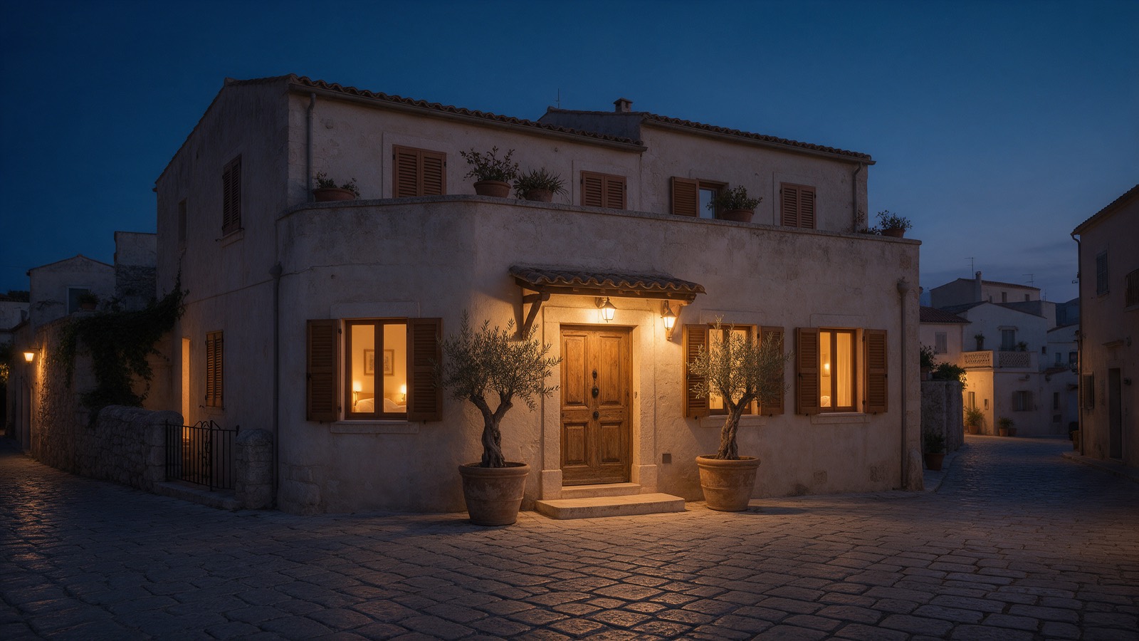 A small Mediterranean hotel at dusk, warm light in the windows and an open lit entrance.