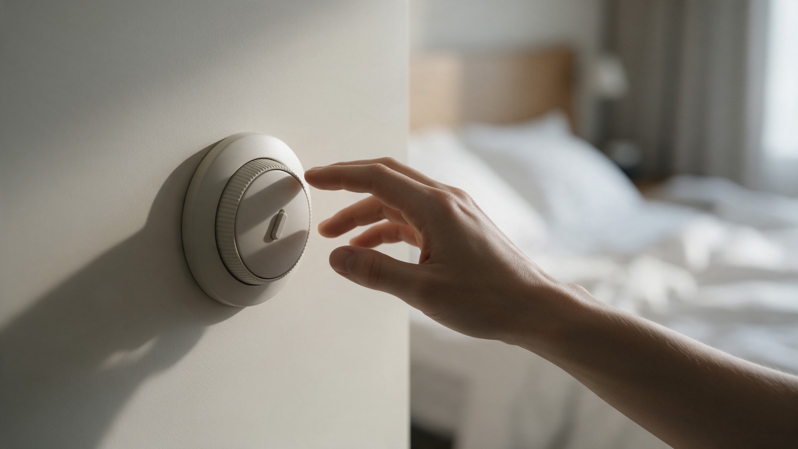 A guest reaching toward a wall-mounted thermostat dial in a hotel room.
