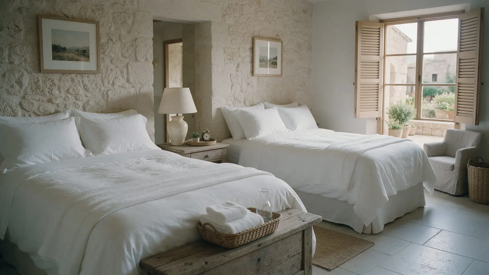 A freshly made twin hotel room in soft daylight, shutters half open.