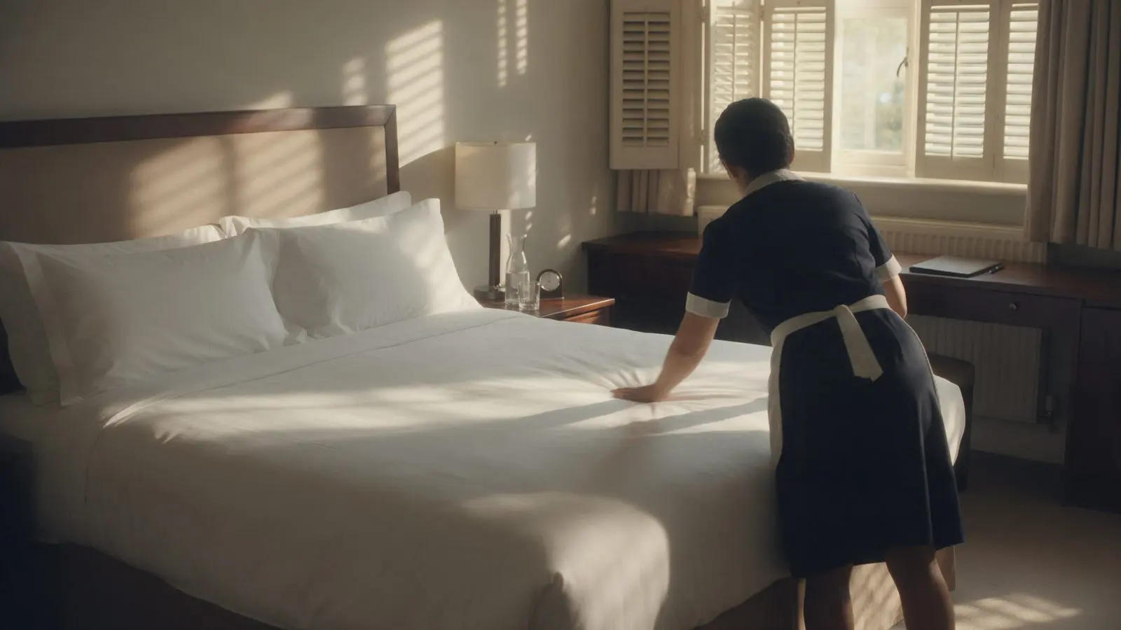 A housekeeper smoothing white sheets on a hotel bed in morning light.