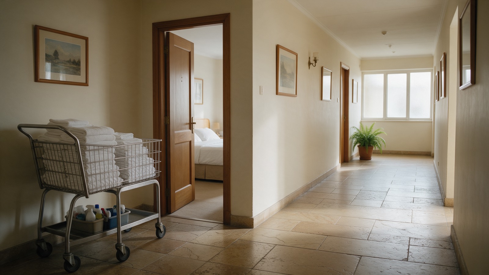 A housekeeping trolley stacked with folded white linen in a sunlit hotel corridor.