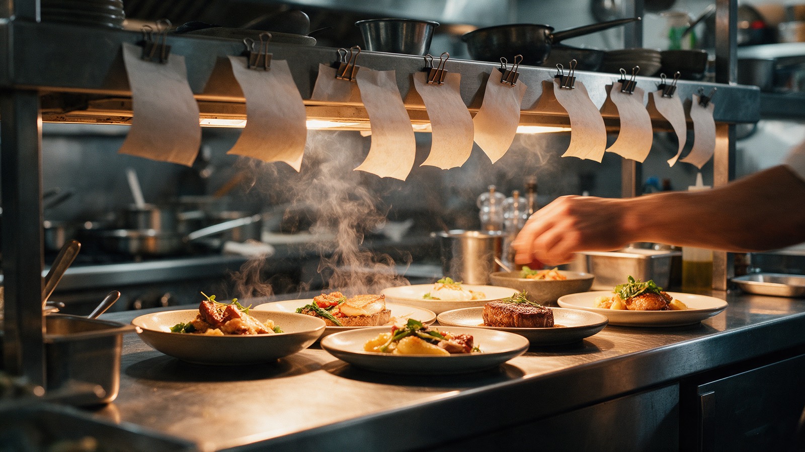Plated dishes waiting under heat lamps at a restaurant pass, order tickets clipped above.