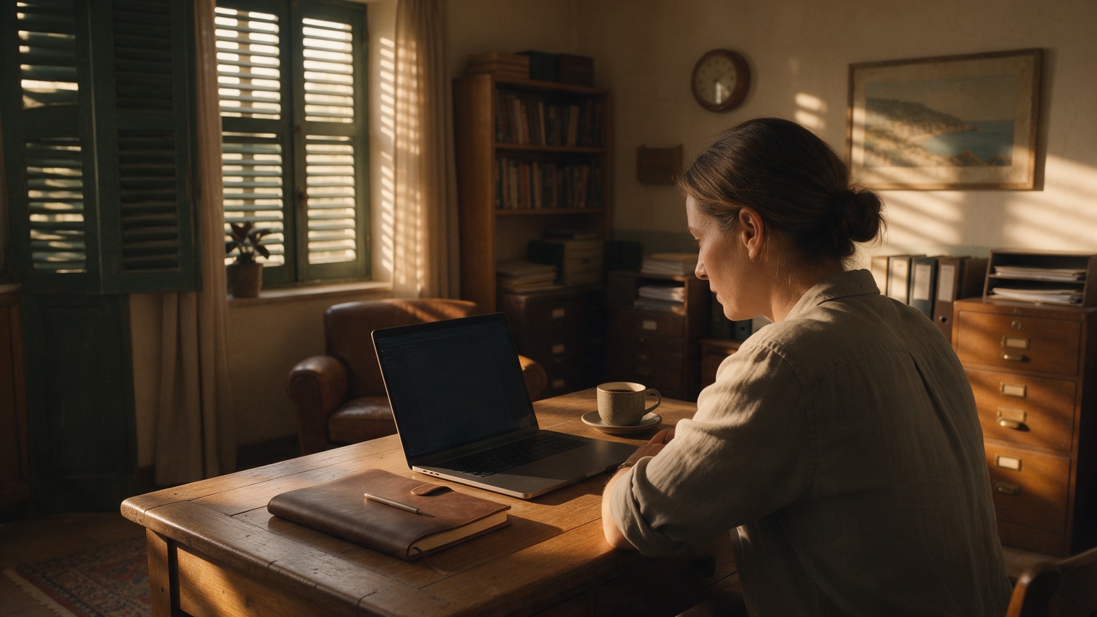 A hotel manager working at a laptop in a small back office, early morning.
