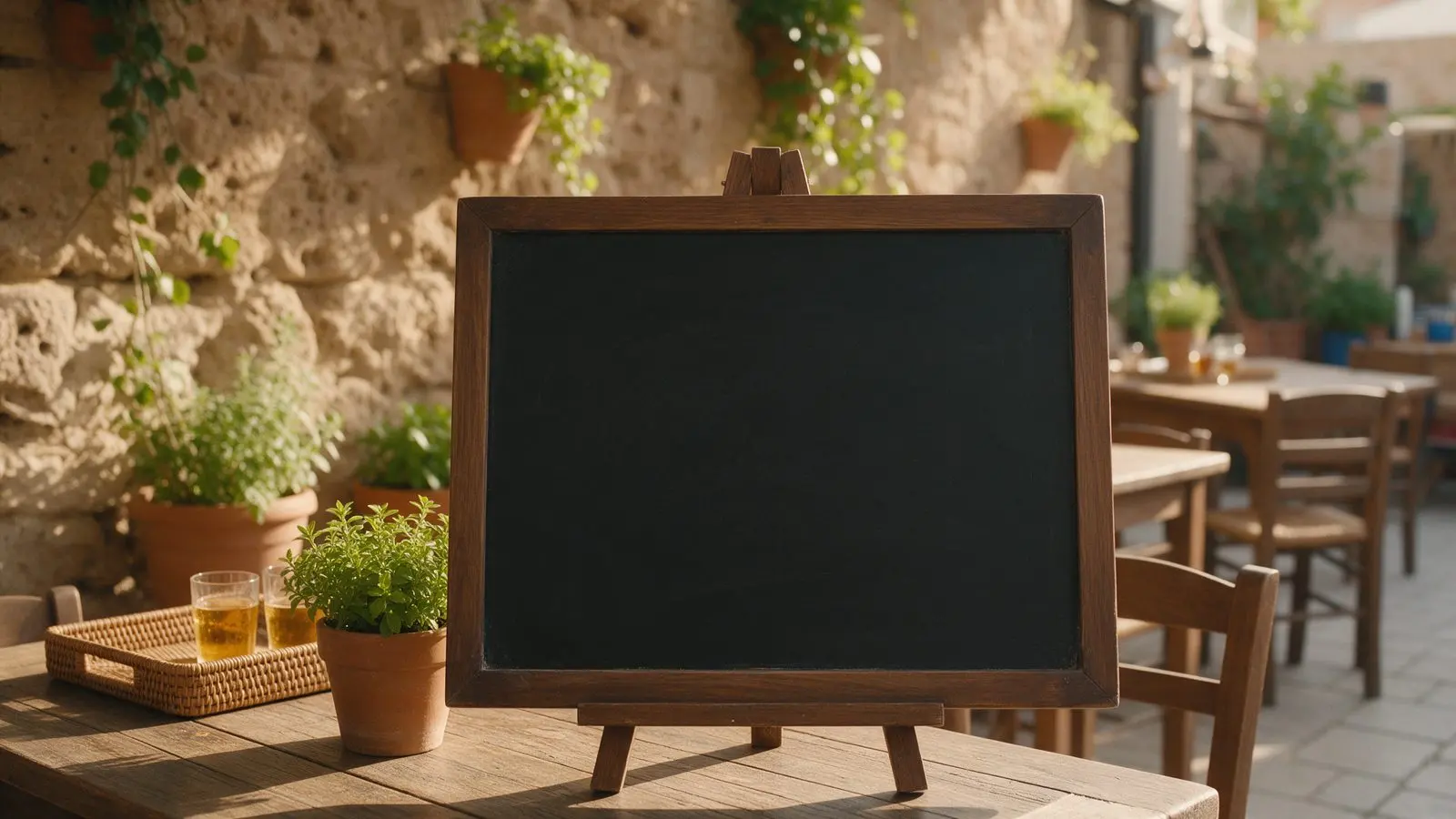 A blank chalkboard menu board outside a Mediterranean restaurant in afternoon light.