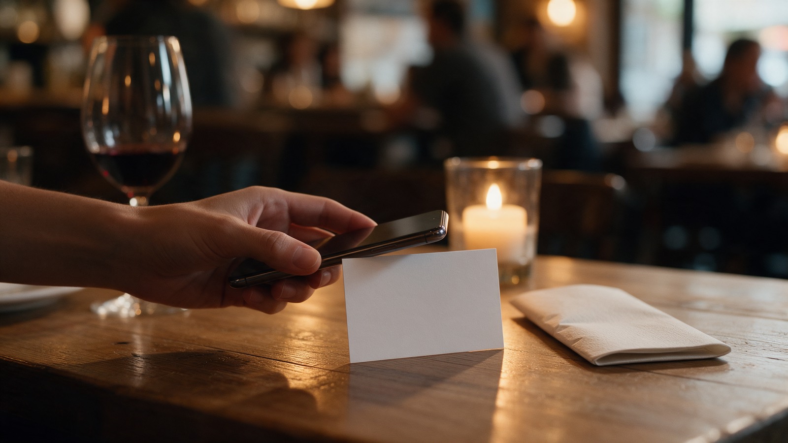 A diner holding a phone above a small card standing beside the bill on a restaurant table.