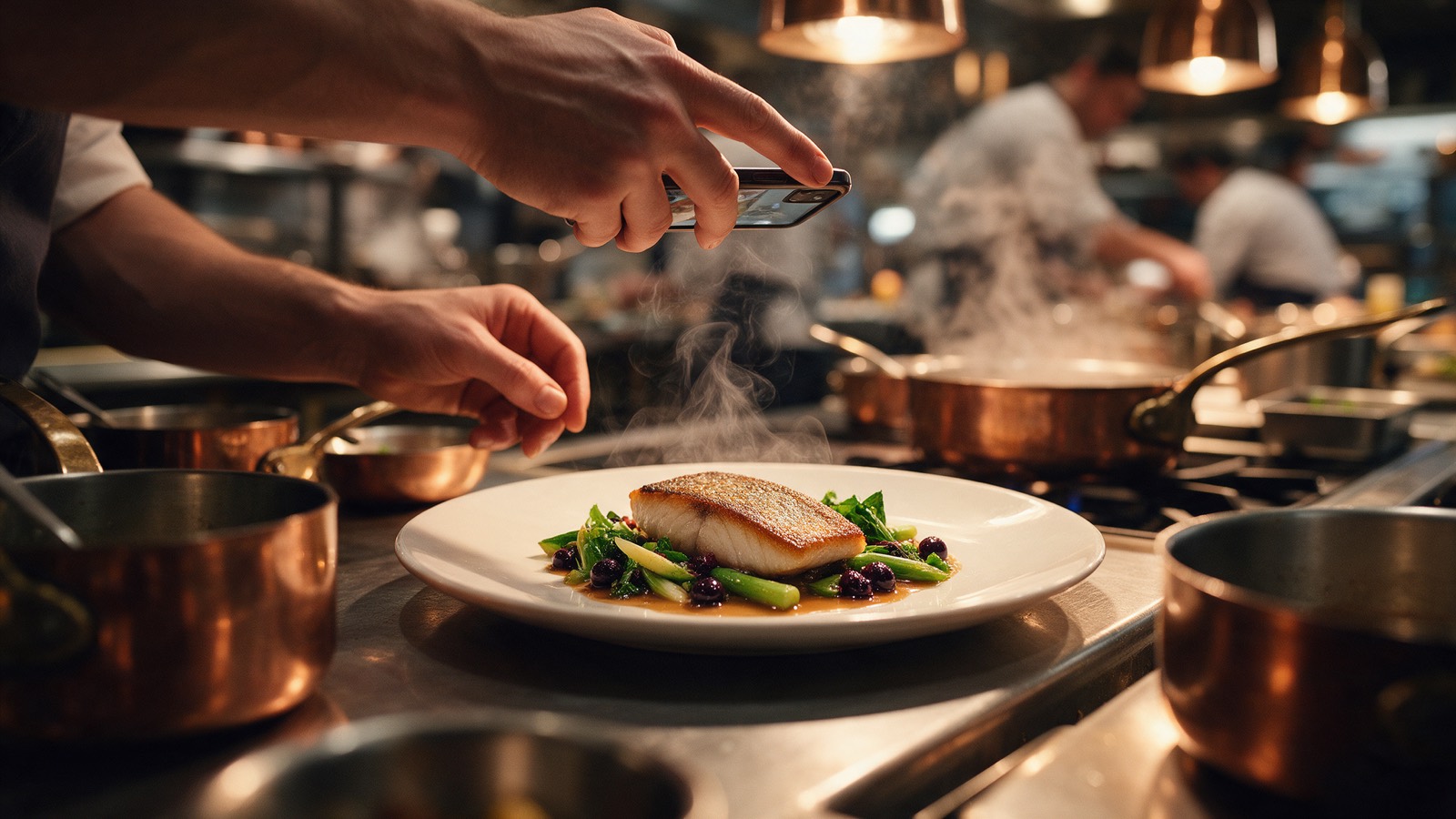 A chef plating a dish at the pass while a phone photographs it from above.