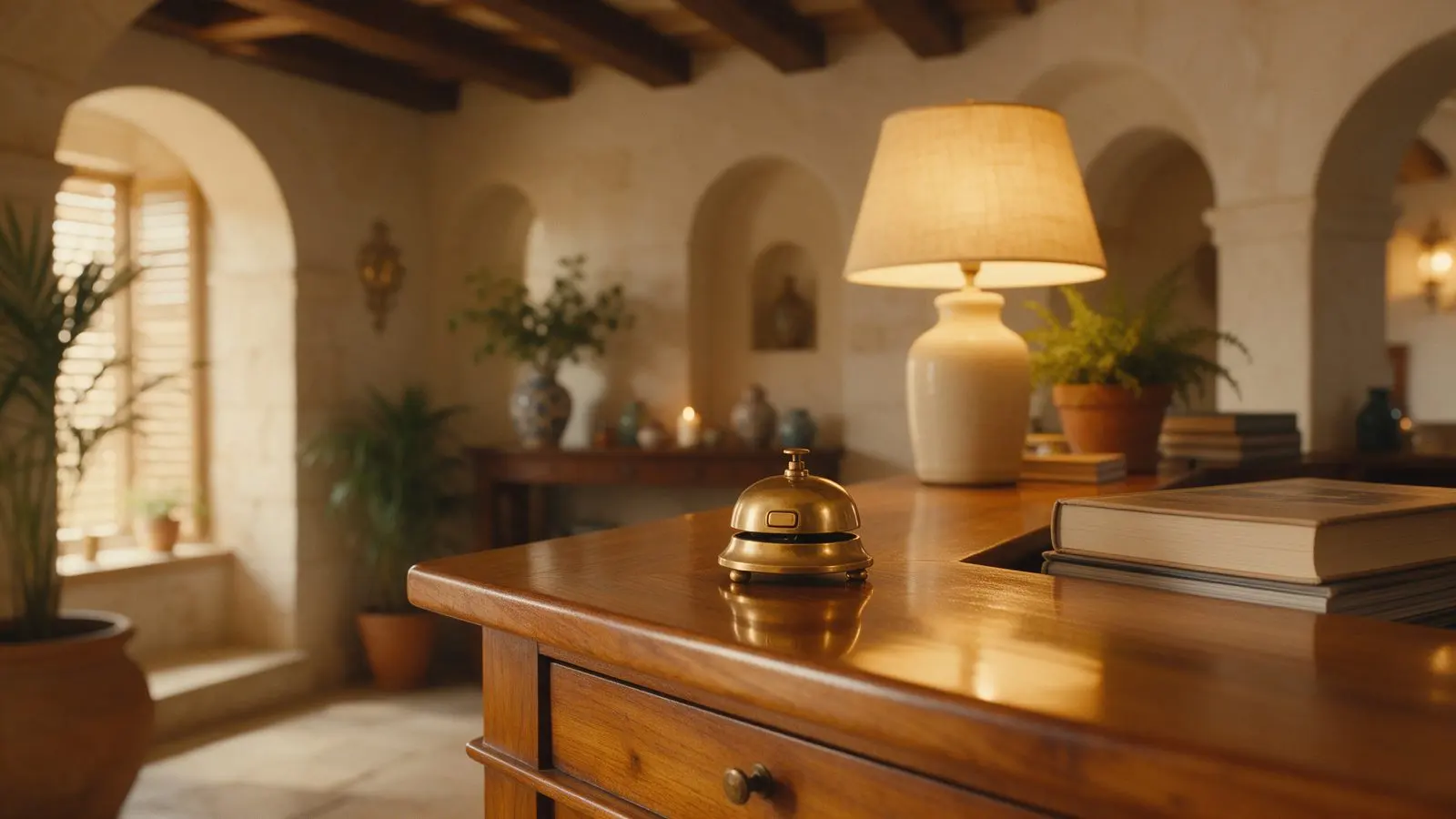A brass service bell on a polished hotel reception desk in warm lamplight.