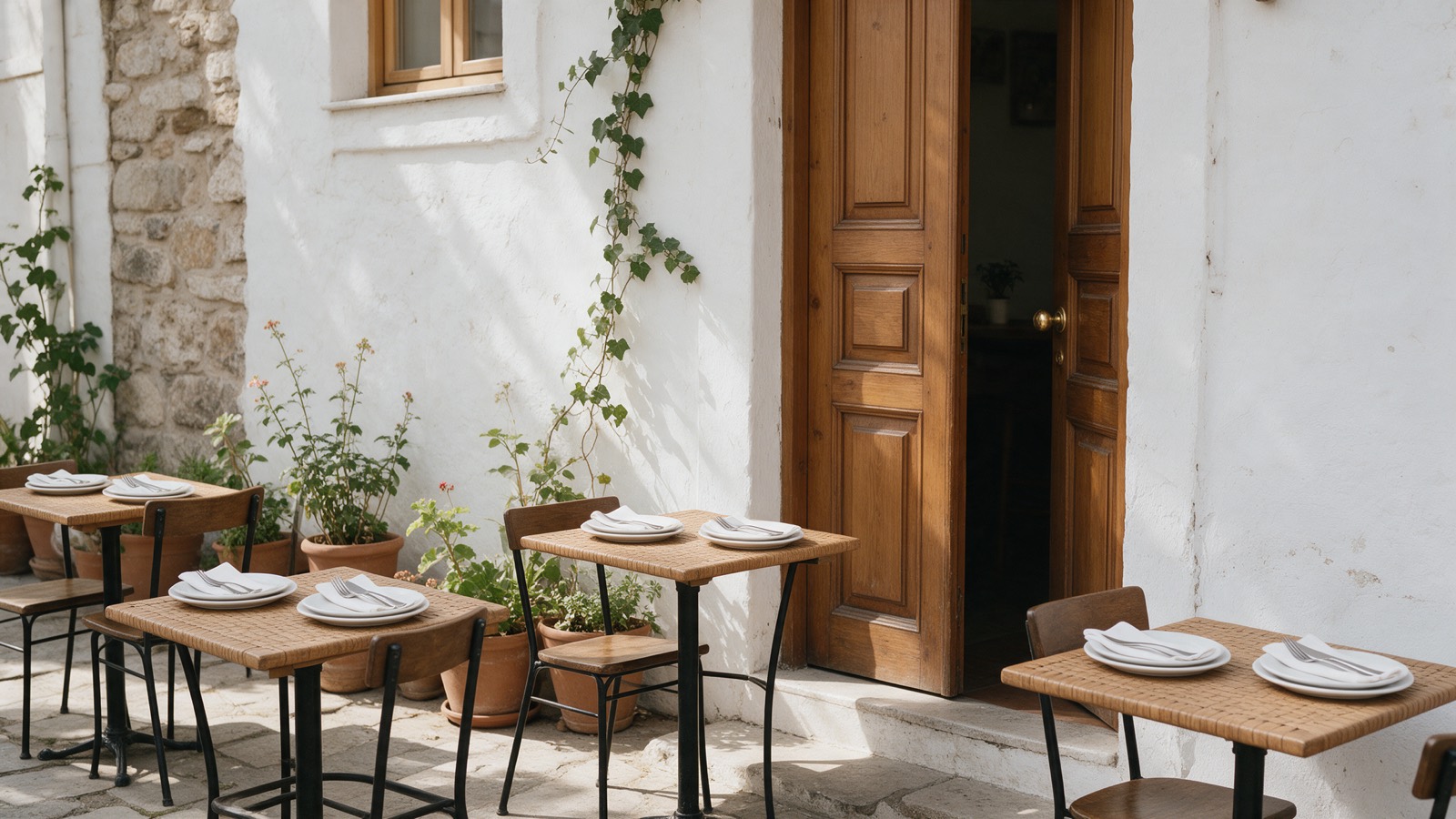 The front of a small neighbourhood restaurant in daylight, door propped open, pavement tables laid.