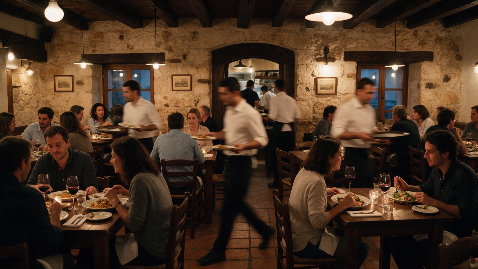 A busy restaurant dining room during Saturday evening service, staff moving between tables.
