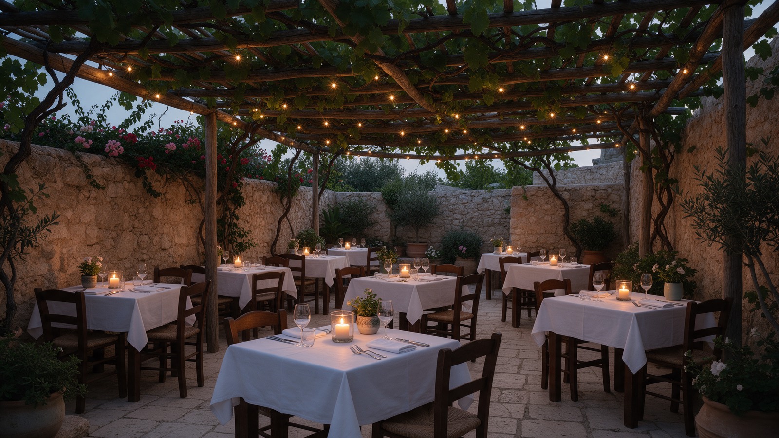 An empty restaurant terrace at dusk, tables laid under a vine pergola strung with lights.