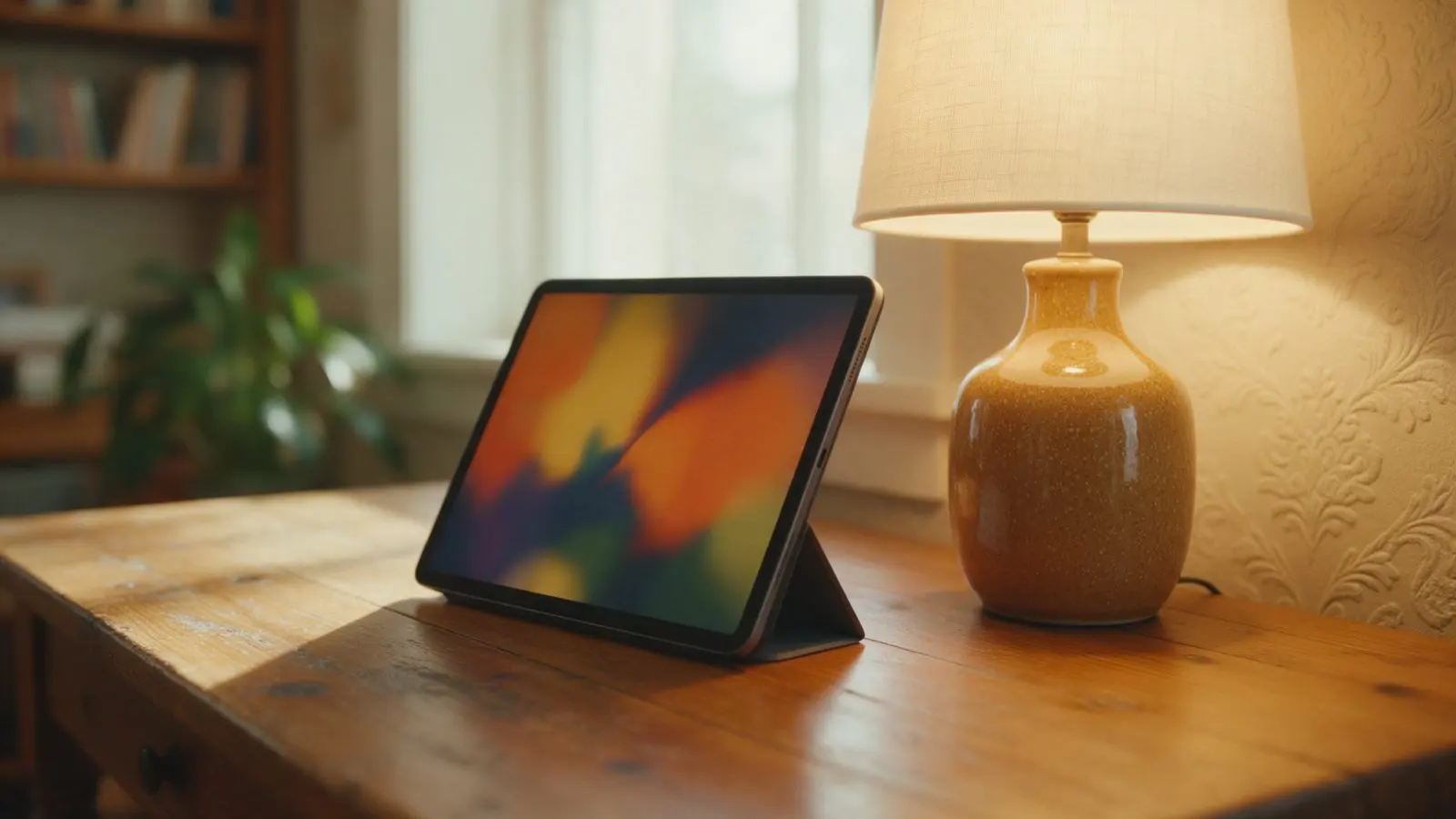 A tablet propped on a desk showing an indistinct arrangement of colour blocks.