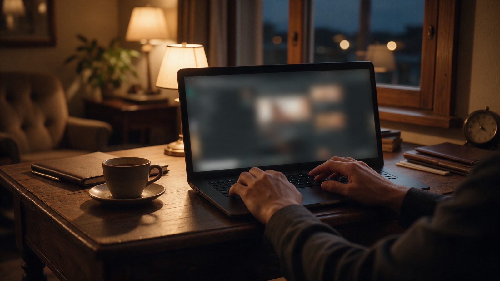 A manager's hands typing on a laptop at a desk in the evening, coffee and a notebook beside it.